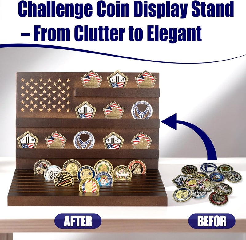 Yncotte Challenge Coin Display,Wooden Military Coin Holder Display for Desktop or Award Ceremony, Deepened Anti-Slip Grooves Large Capacity of 80 Coins (Walnut) - Image 4